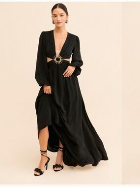 FARM RIO Black Long-Sleeve Cutout Maxi Dress with Sunburst Ring